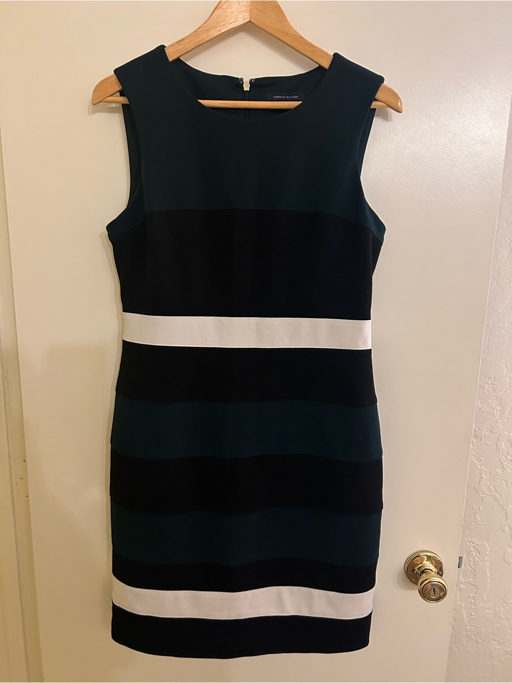 Tommy Hilfiger Black, Dark Green & White Striped Midi Sheath Dress